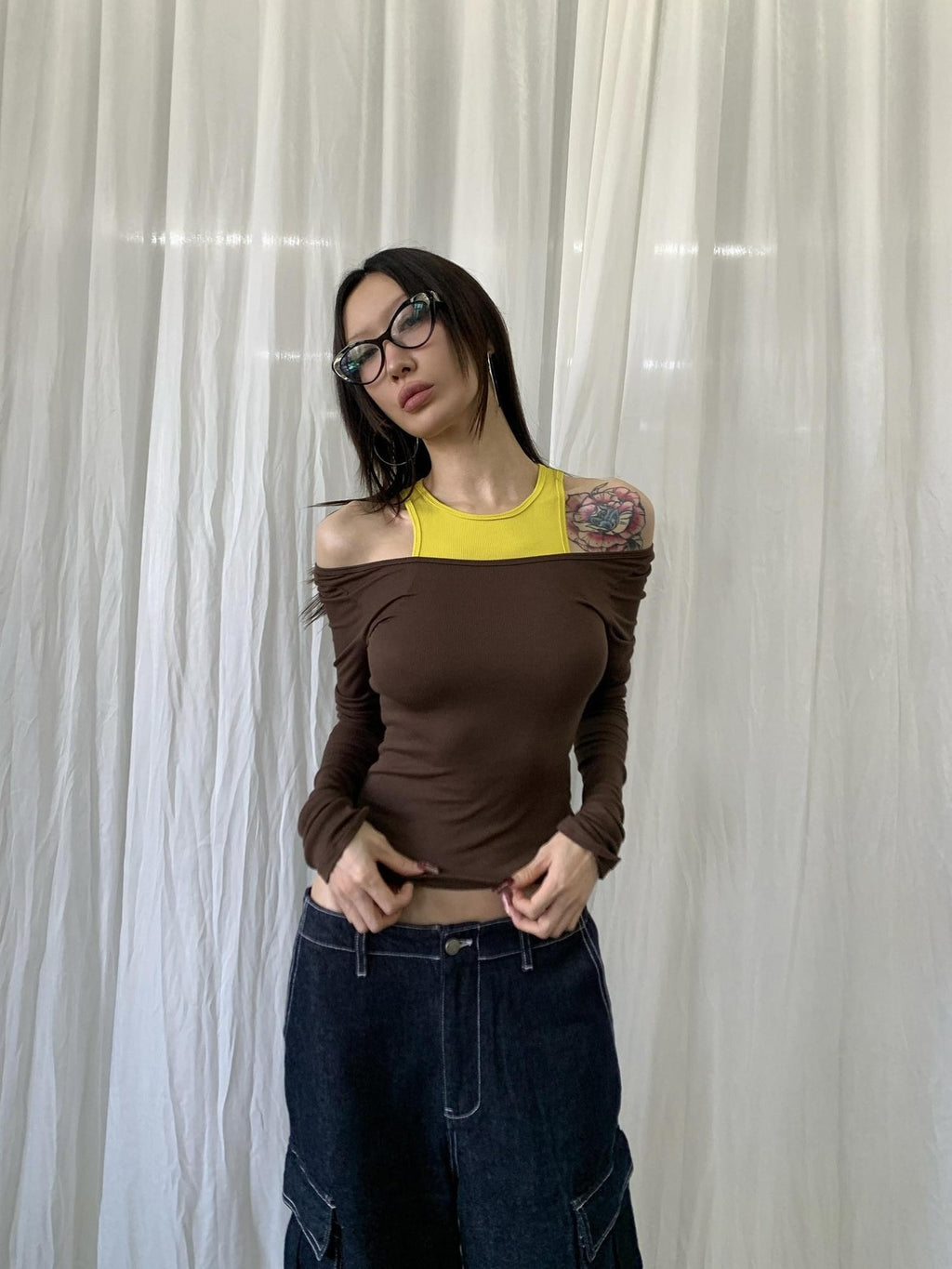 FOURFORTY 4 Color Off Shoulder Faux Two Piece Women's Skin Friendly Long Sleeve T-shirts