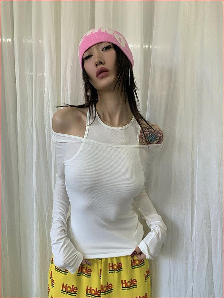 FOURFORTY 4 Color Off Shoulder Faux Two Piece Women's Skin Friendly Long Sleeve T-shirts