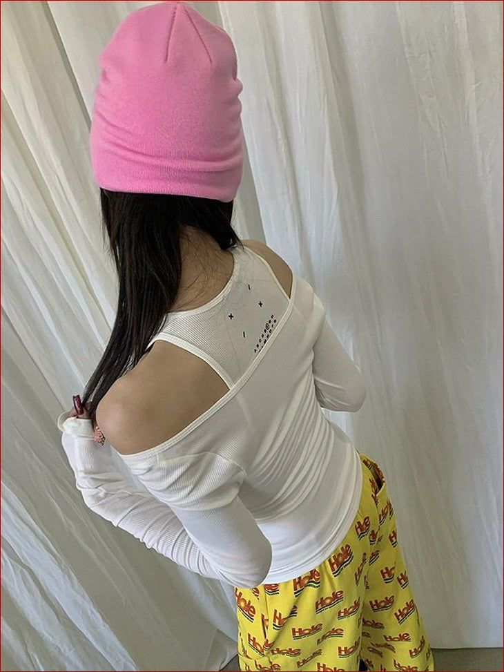 FOURFORTY 4 Color Off Shoulder Faux Two Piece Women's Skin Friendly Long Sleeve T-shirts