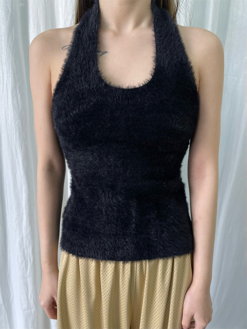 FOURFORTY_Adorable_Elephant_Embroidery_Fluffy_Backless_Women's_Polyester_Halter_Tops_782046175079_MISSTT
