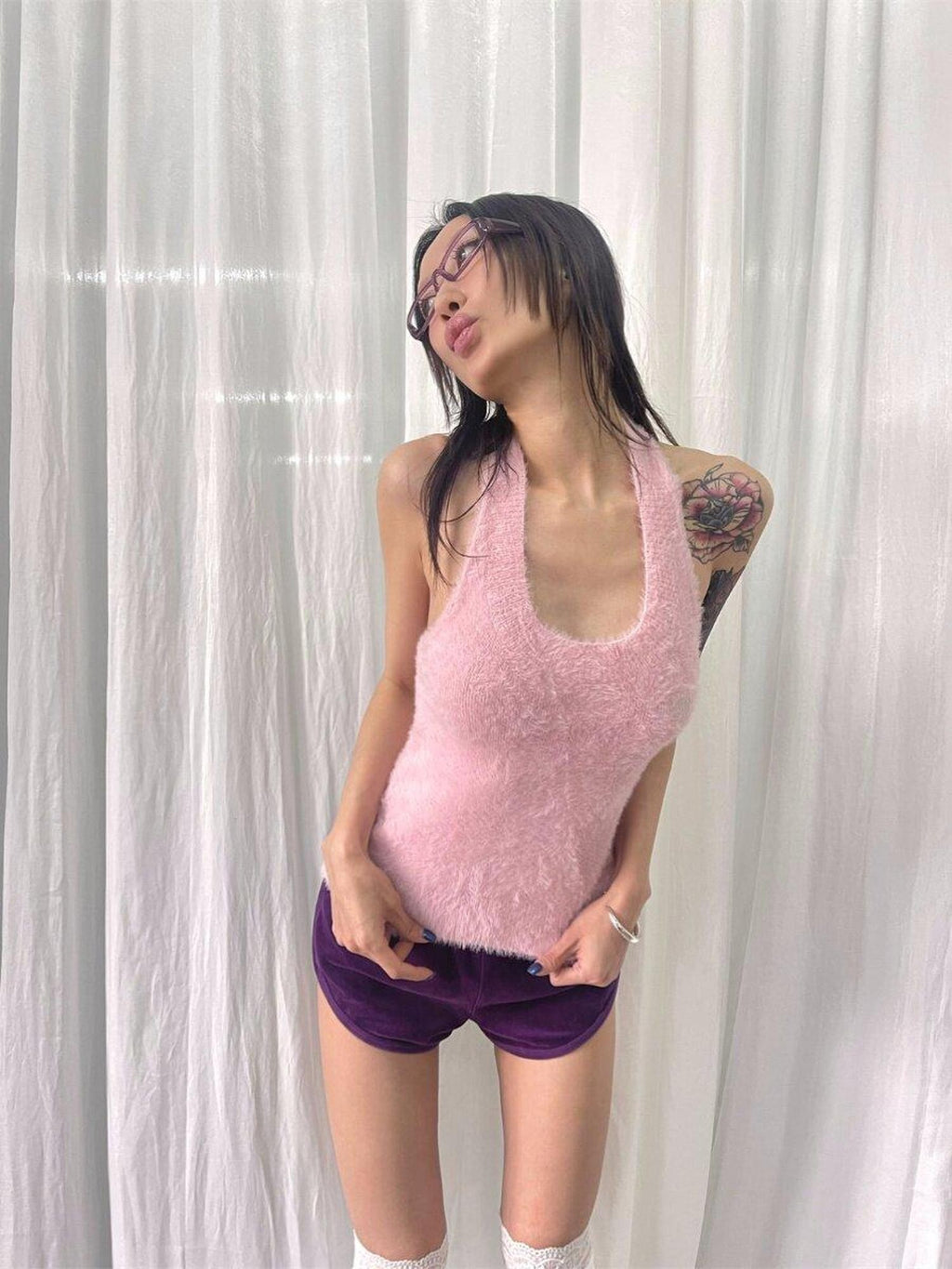 FOURFORTY Adorable Elephant Embroidery Fluffy Backless Women's Polyester Halter Tops