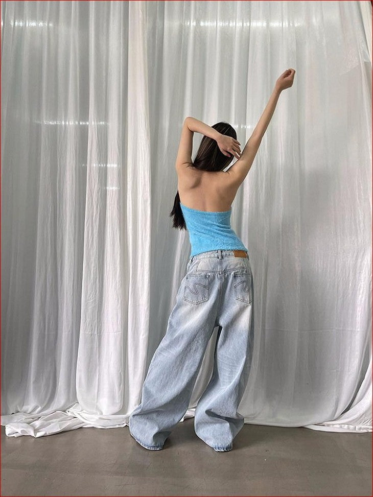 FOURFORTY Adorable Elephant Embroidery Fluffy Backless Women's Polyester Halter Tops