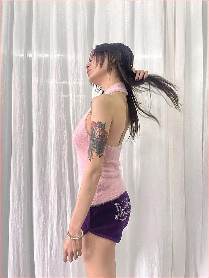 FOURFORTY Adorable Elephant Embroidery Fluffy Backless Women's Polyester Halter Tops