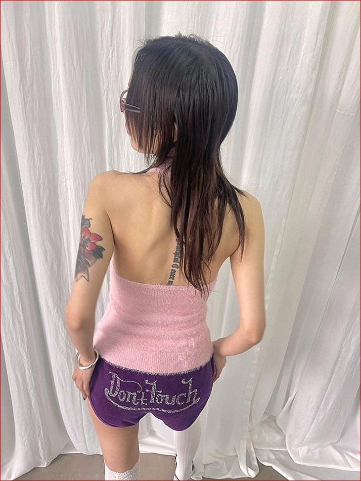 FOURFORTY Adorable Elephant Embroidery Fluffy Backless Women's Polyester Halter Tops
