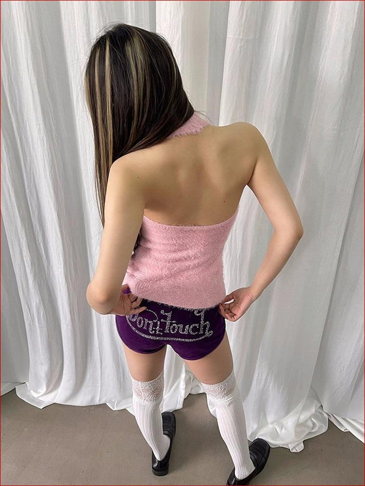 FOURFORTY Adorable Elephant Embroidery Fluffy Backless Women's Polyester Halter Tops