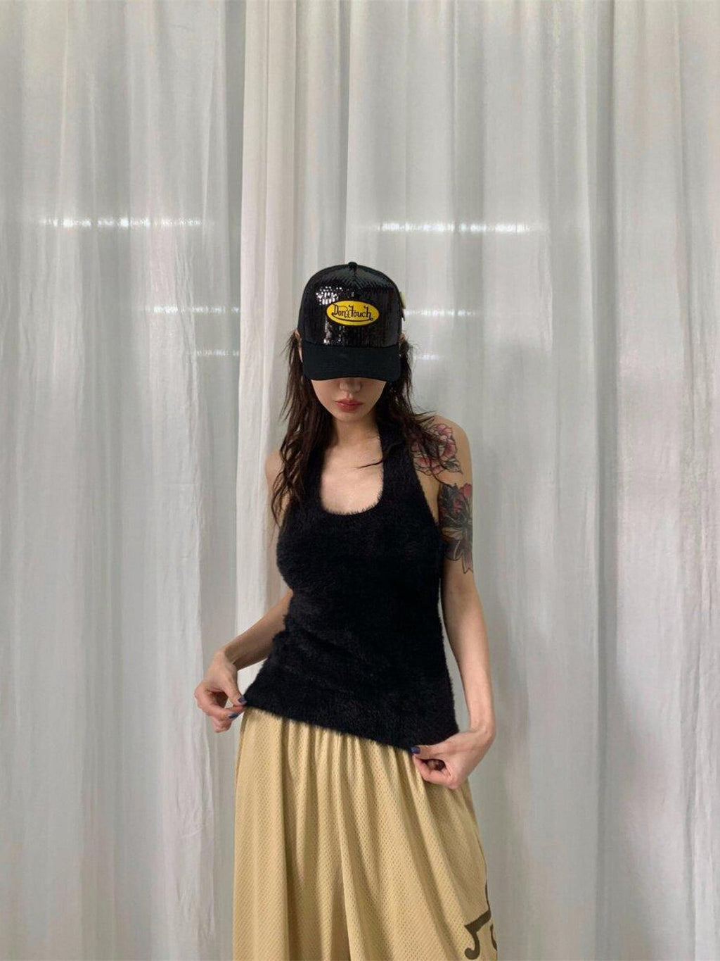 FOURFORTY Adorable Elephant Embroidery Fluffy Backless Women's Polyester Halter Tops
