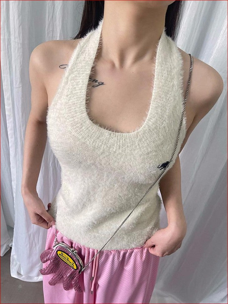 FOURFORTY Adorable Elephant Embroidery Fluffy Backless Women's Polyester Halter Tops