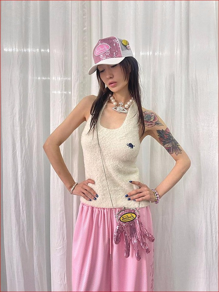 FOURFORTY Adorable Elephant Embroidery Fluffy Backless Women's Polyester Halter Tops