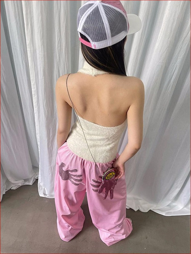 FOURFORTY Adorable Elephant Embroidery Fluffy Backless Women's Polyester Halter Tops
