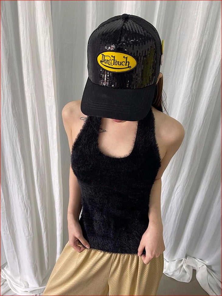 FOURFORTY Adorable Elephant Embroidery Fluffy Backless Women's Polyester Halter Tops