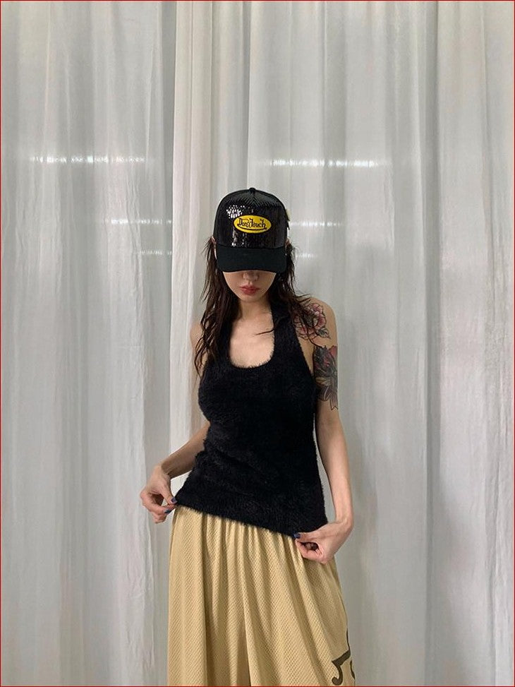 FOURFORTY Adorable Elephant Embroidery Fluffy Backless Women's Polyester Halter Tops