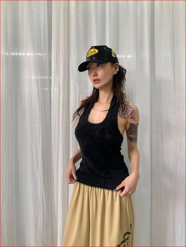 FOURFORTY Adorable Elephant Embroidery Fluffy Backless Women's Polyester Halter Tops