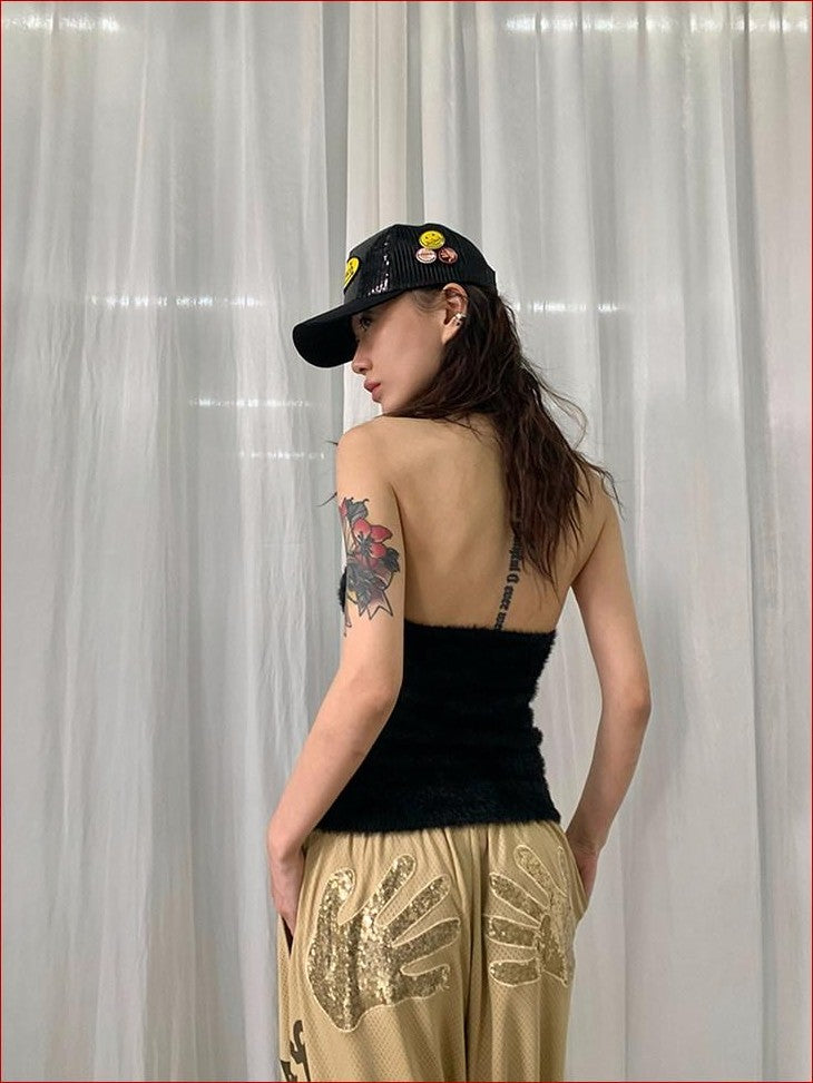 FOURFORTY Adorable Elephant Embroidery Fluffy Backless Women's Polyester Halter Tops