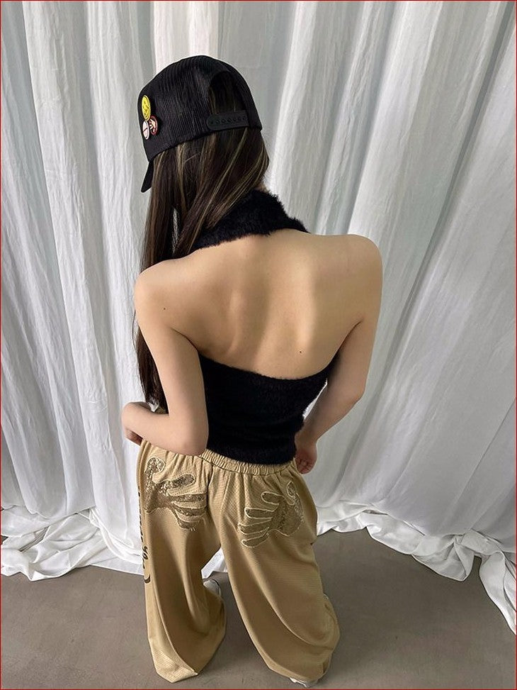 FOURFORTY Adorable Elephant Embroidery Fluffy Backless Women's Polyester Halter Tops