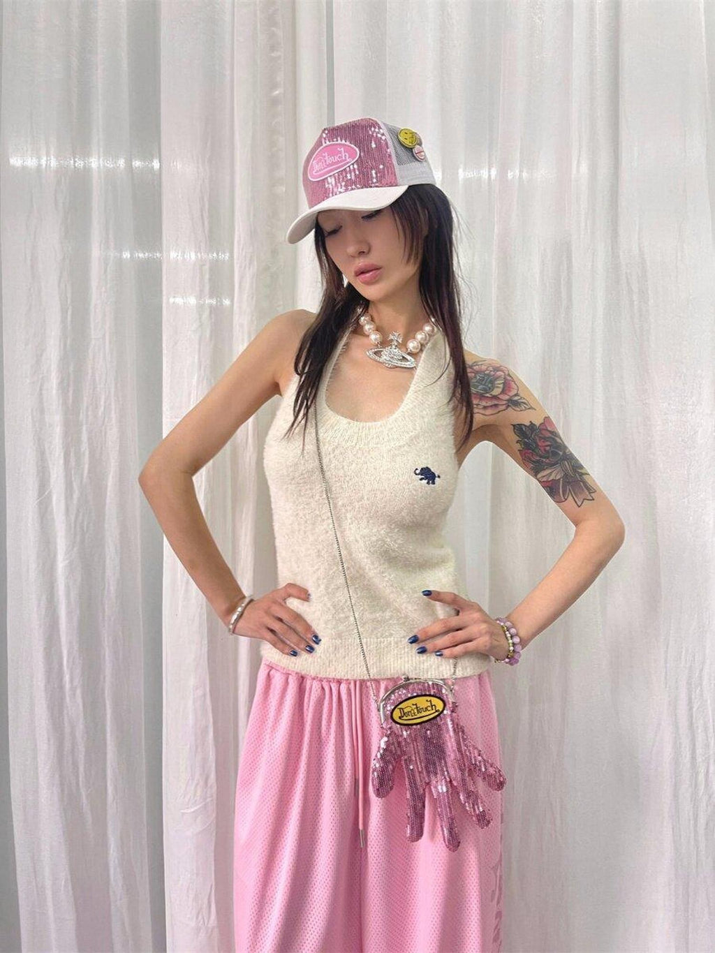 FOURFORTY Adorable Elephant Embroidery Fluffy Backless Women's Polyester Halter Tops