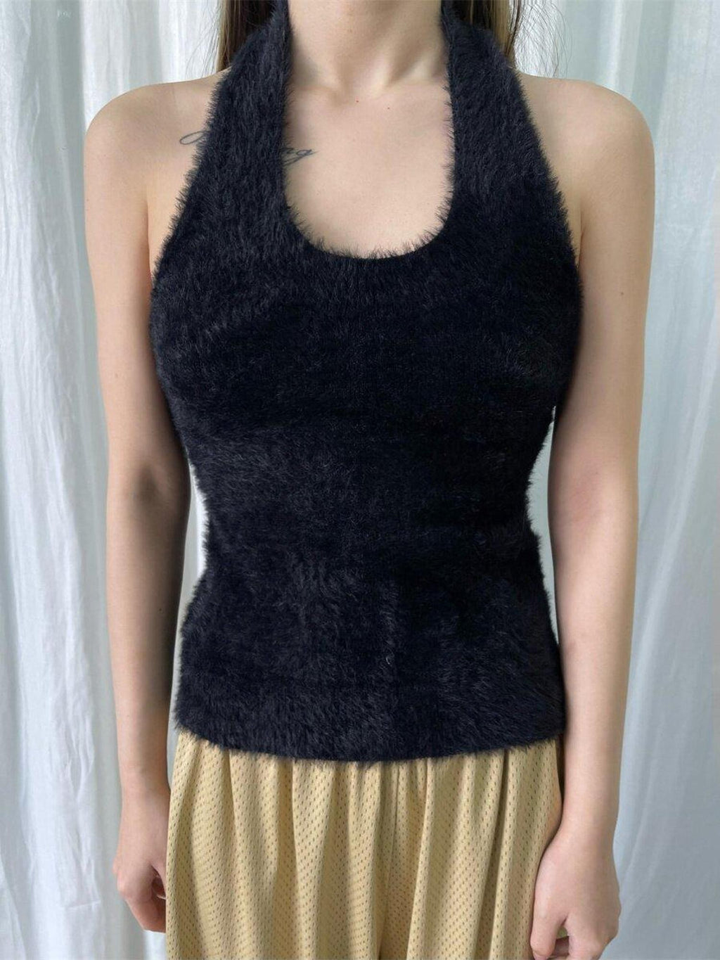 FOURFORTY Adorable Elephant Embroidery Fluffy Backless Women's Polyester Halter Tops