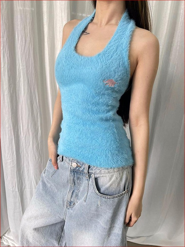 FOURFORTY Adorable Elephant Embroidery Fluffy Backless Women's Polyester Halter Tops