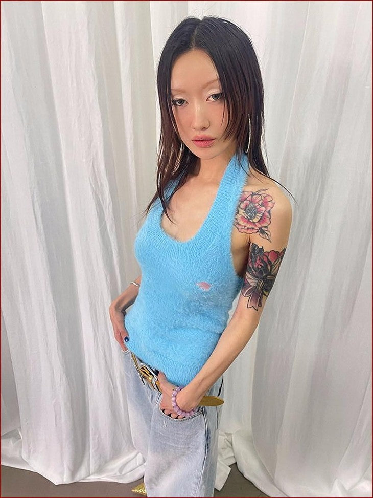 FOURFORTY Adorable Elephant Embroidery Fluffy Backless Women's Polyester Halter Tops