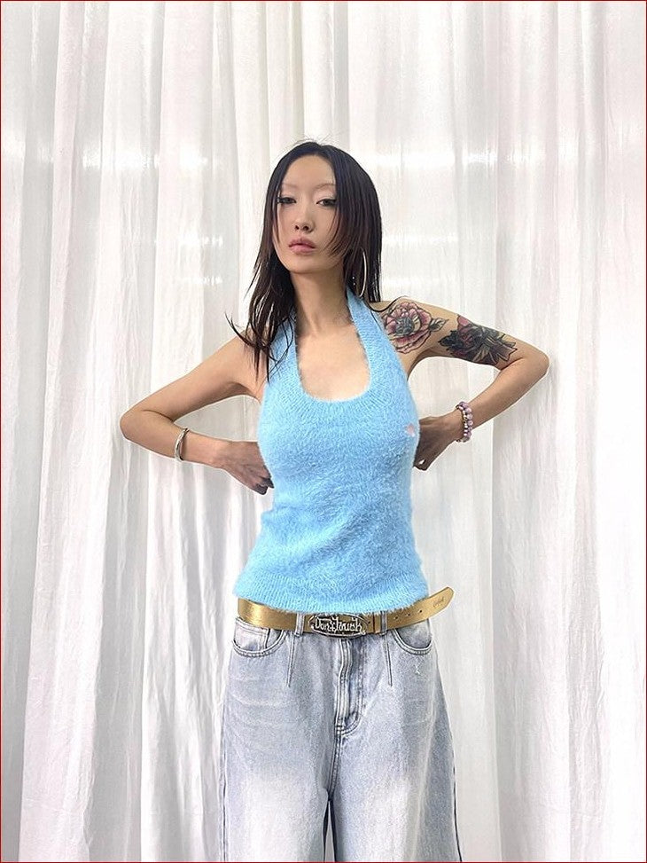 FOURFORTY Adorable Elephant Embroidery Fluffy Backless Women's Polyester Halter Tops