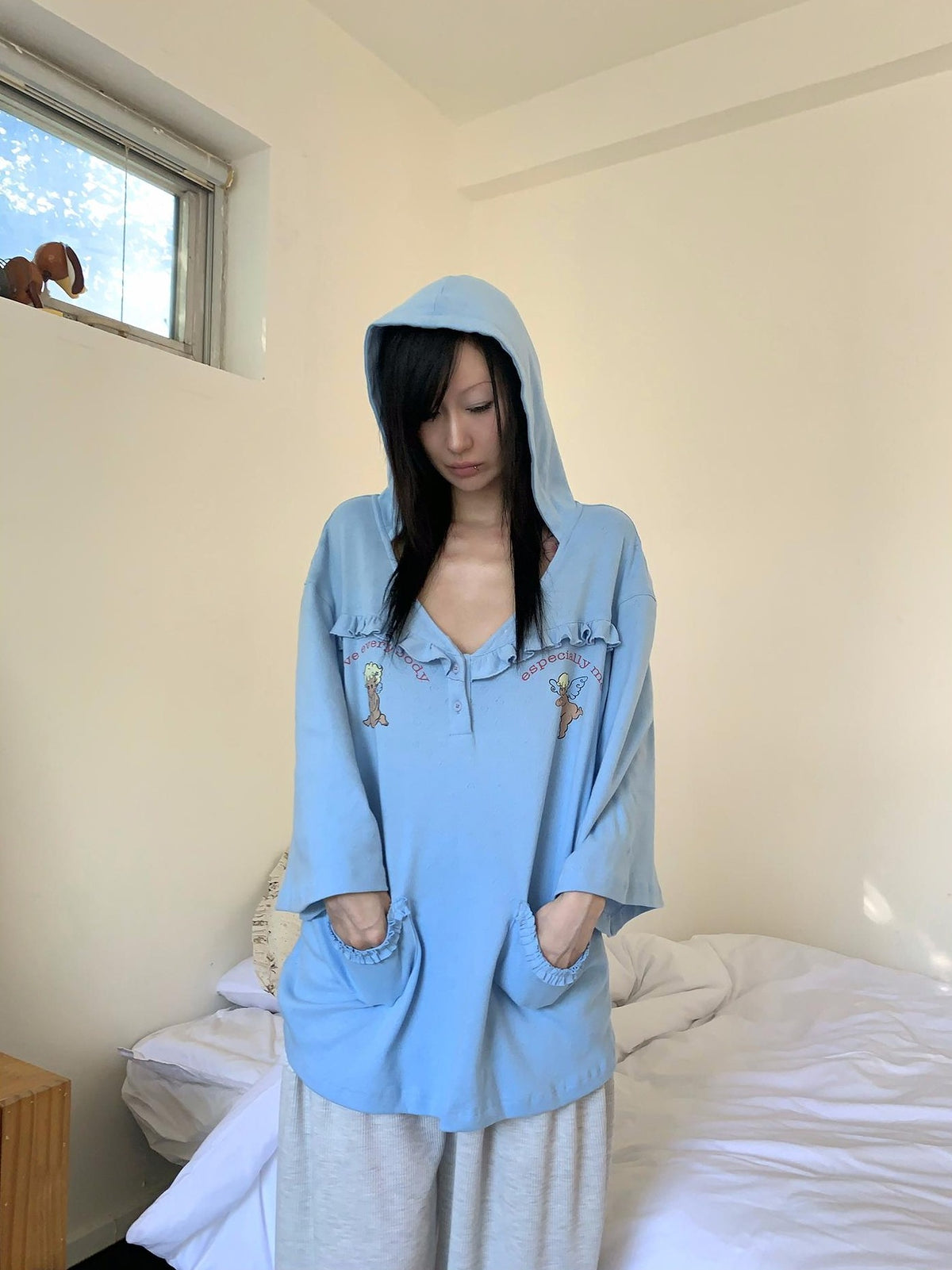 FOURFORTY Angel Lace Trim Hooded Women's Cotton Oversized T-shirts