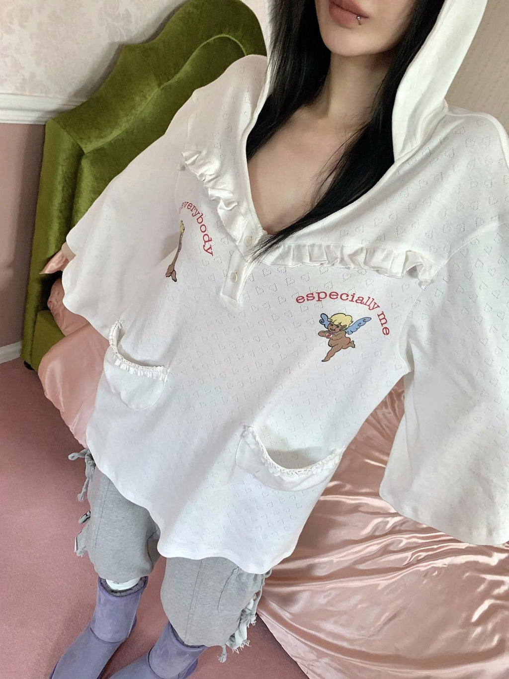 FOURFORTY Angel Lace Trim Hooded Women's Cotton Oversized T-shirts
