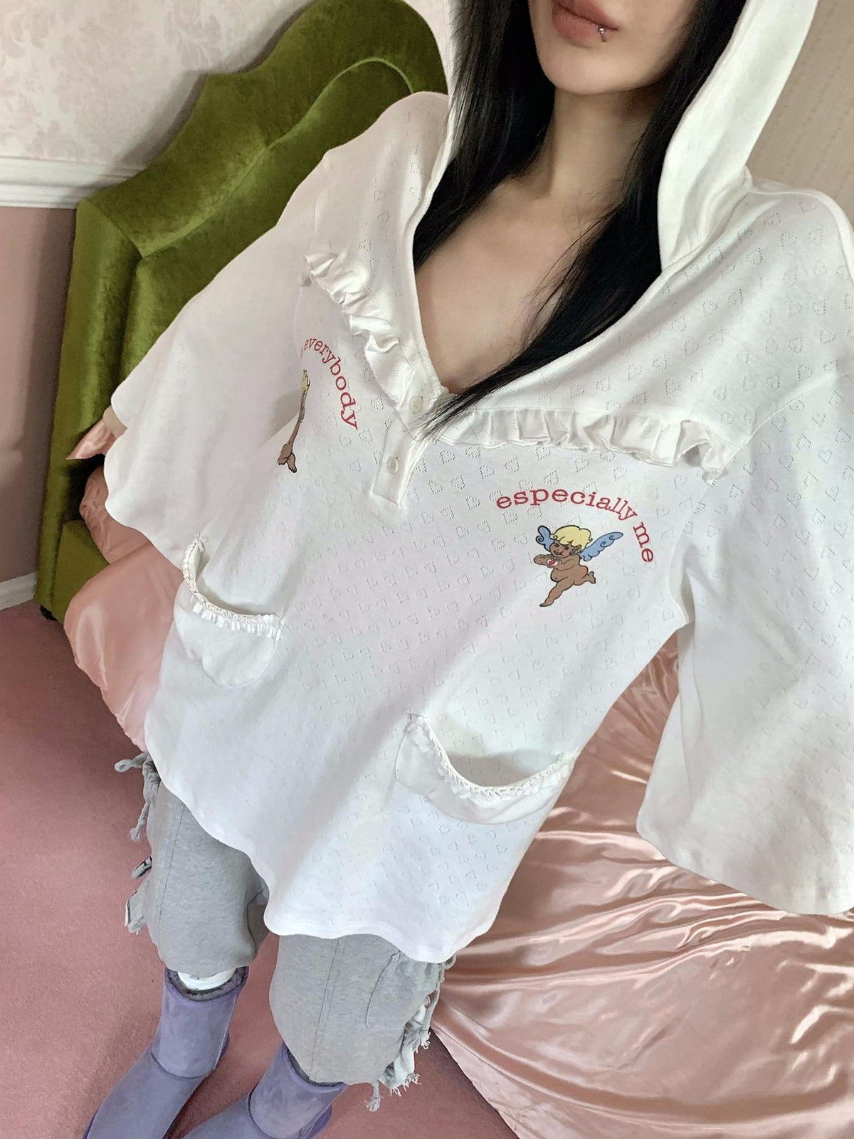 FOURFORTY Angel Lace Trim Hooded Women's Cotton Oversized T-shirts