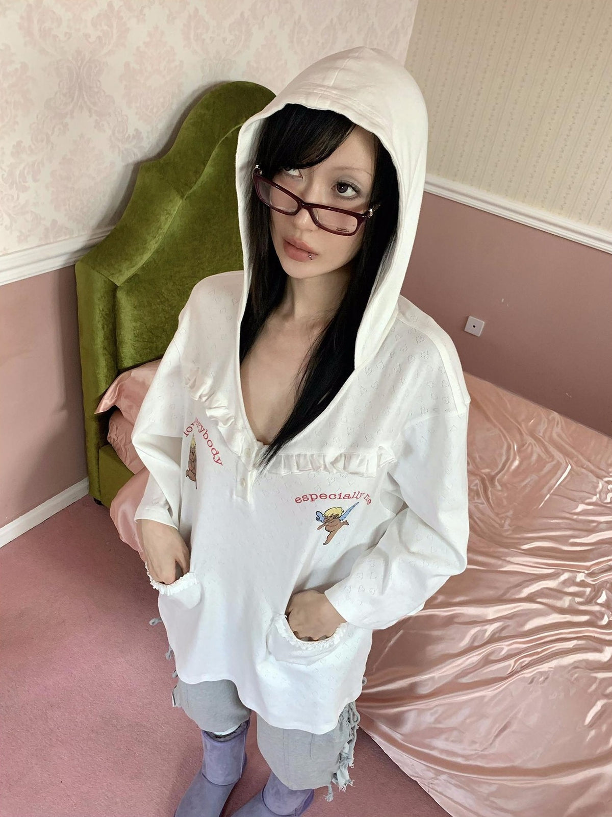 FOURFORTY Angel Lace Trim Hooded Women's Cotton Oversized T-shirts