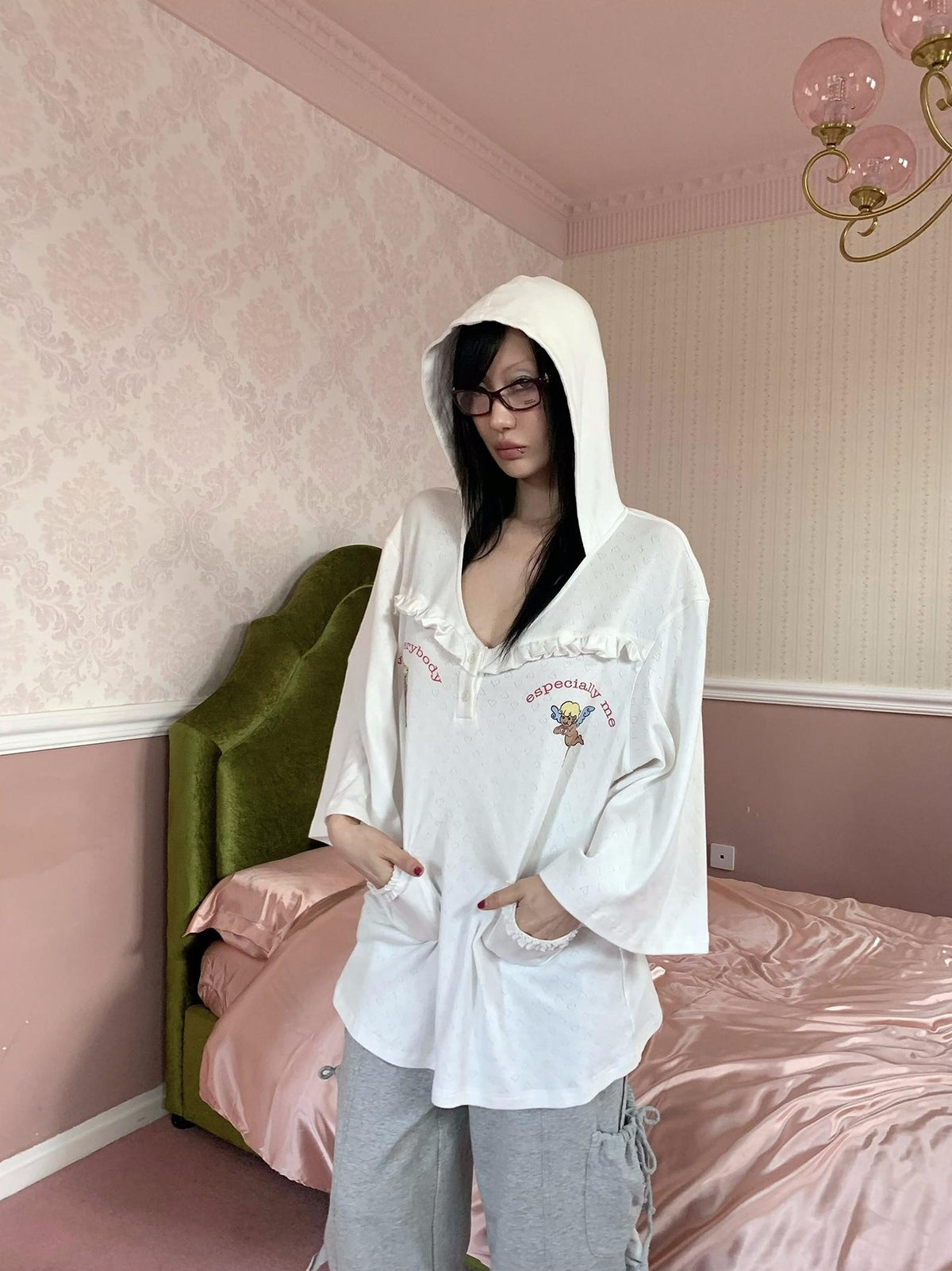 FOURFORTY Angel Lace Trim Hooded Women's Cotton Oversized T-shirts