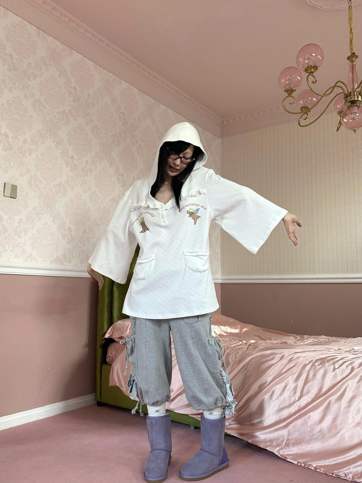 FOURFORTY Angel Lace Trim Hooded Women's Cotton Oversized T-shirts