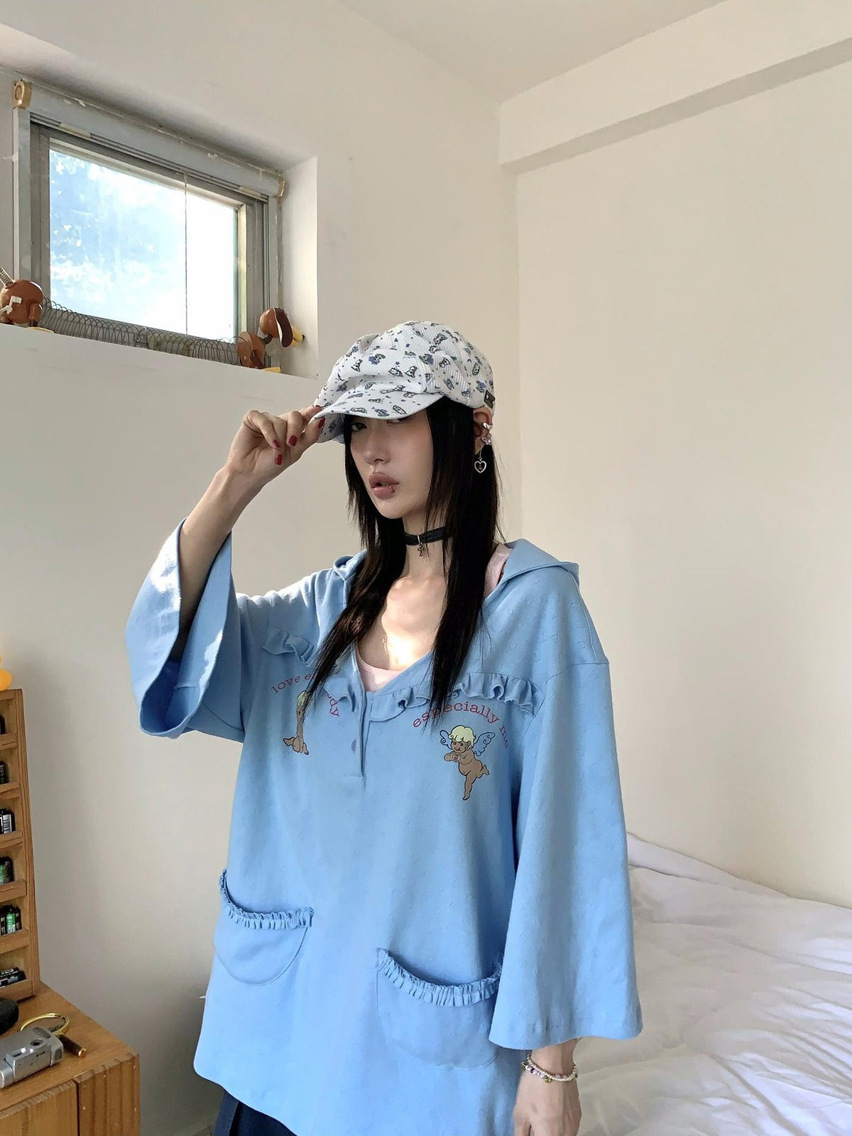FOURFORTY Angel Lace Trim Hooded Women's Cotton Oversized T-shirts