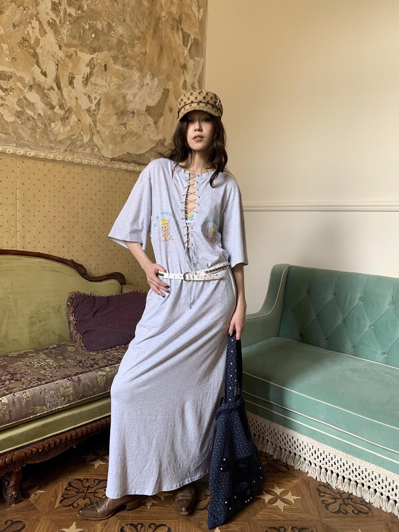FOURFORTY Angel Lace Up Tie Strap Back Long Women's Casual Maxi Dresses