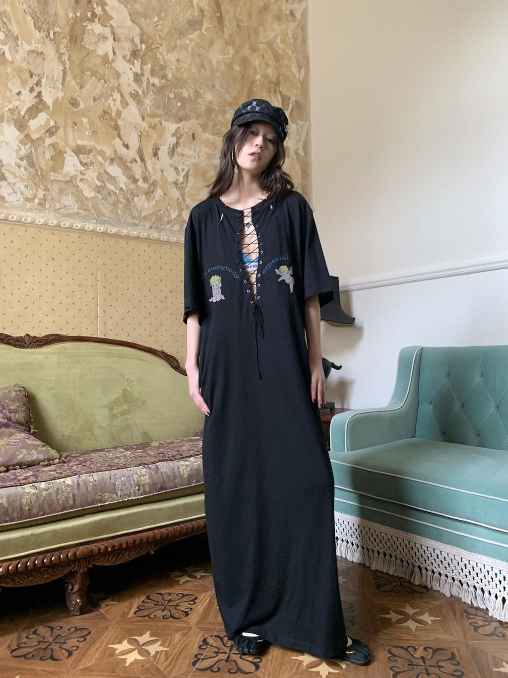 FOURFORTY Angel Lace Up Tie Strap Back Long Women's Casual Maxi Dresses