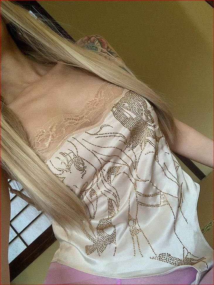 FOURFORTY Anime Hand Painted Rhinestone Silky Women's Polyester Short Lace Camisoles