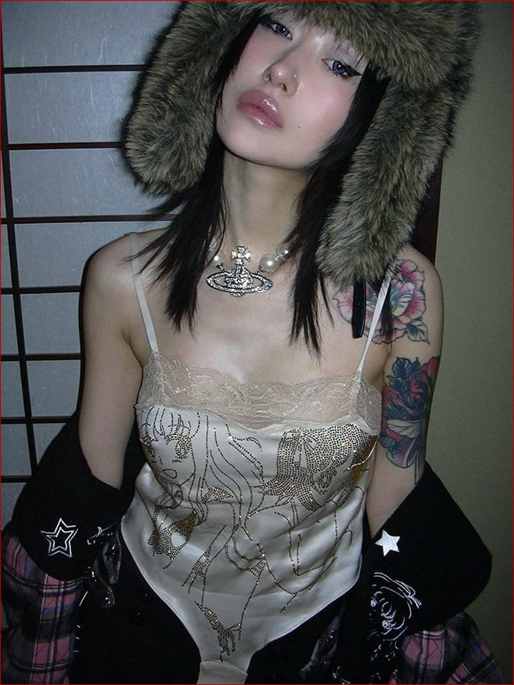 FOURFORTY Anime Hand Painted Rhinestone Silky Women's Polyester Short Lace Camisoles