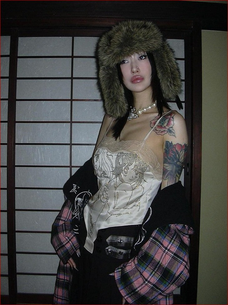 FOURFORTY Anime Hand Painted Rhinestone Silky Women's Polyester Short Lace Camisoles