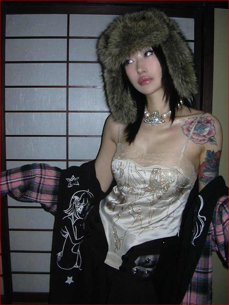 FOURFORTY Anime Hand Painted Rhinestone Silky Women's Polyester Short Lace Camisoles