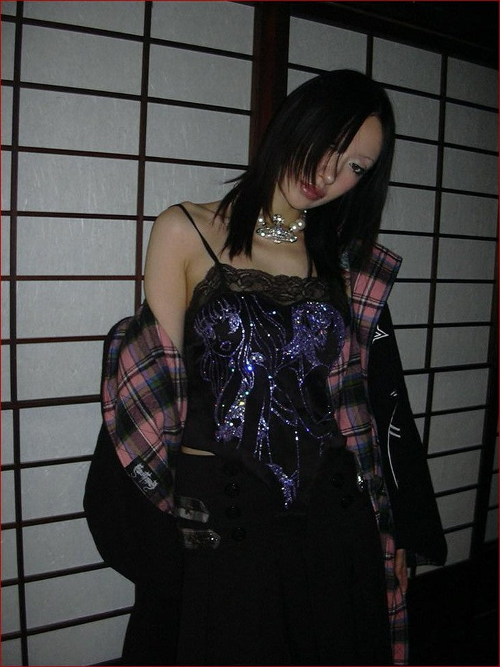 FOURFORTY Anime Hand Painted Rhinestone Silky Women's Polyester Short Lace Camisoles