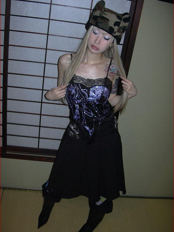 FOURFORTY Anime Hand Painted Rhinestone Silky Women's Polyester Short Lace Camisoles