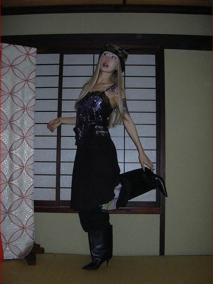 FOURFORTY Anime Hand Painted Rhinestone Silky Women's Polyester Short Lace Camisoles