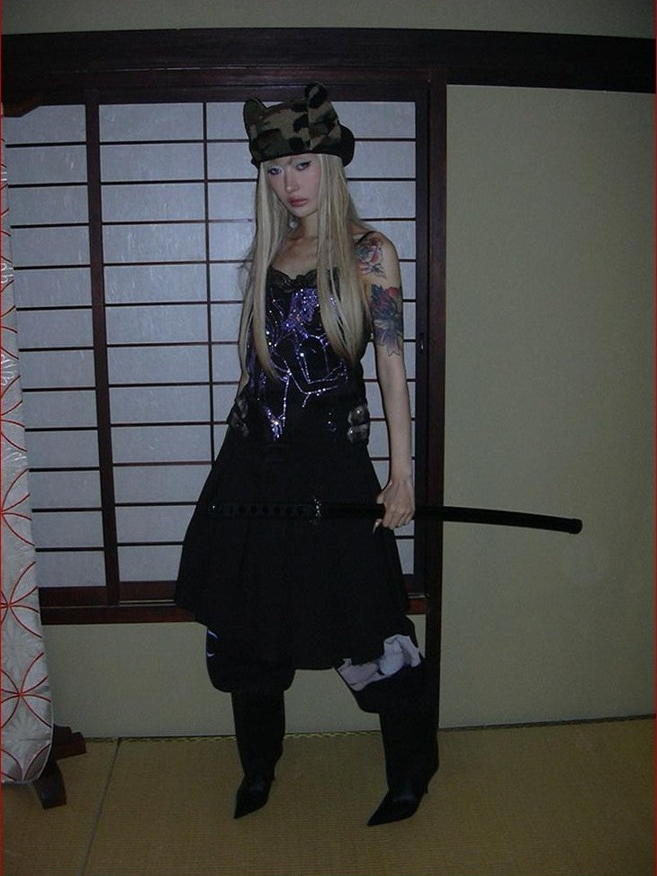 FOURFORTY Anime Hand Painted Rhinestone Silky Women's Polyester Short Lace Camisoles