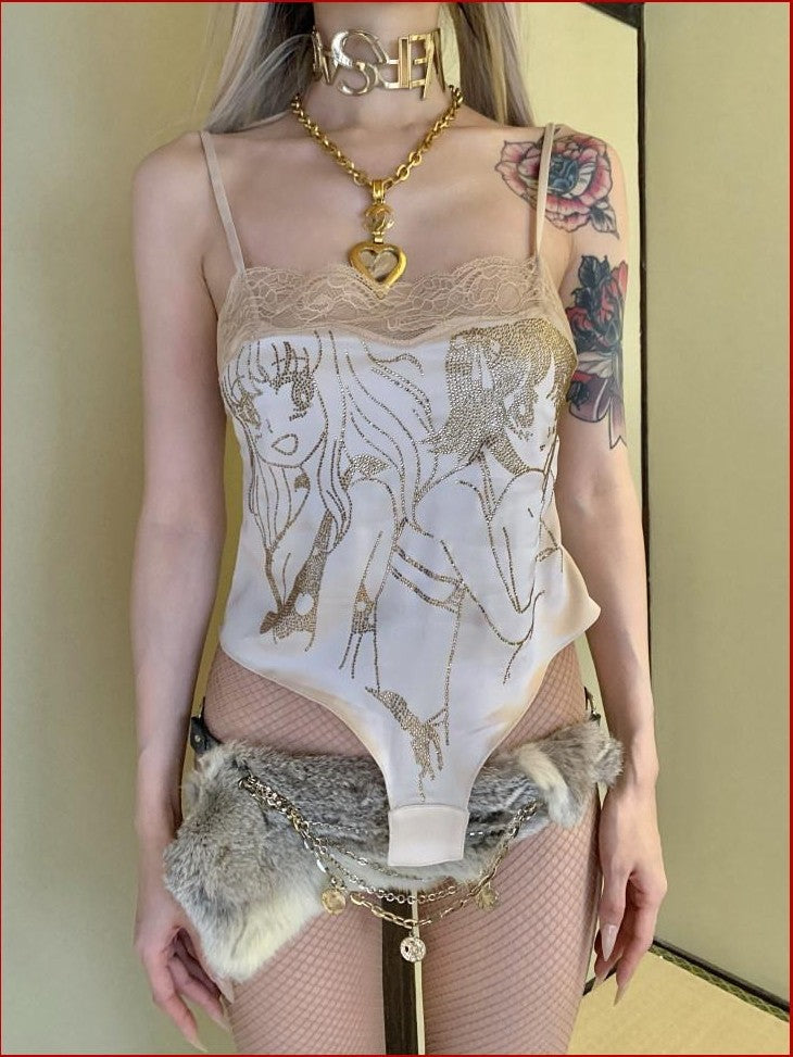 FOURFORTY Anime Hand Painted Rhinestone Silky Women's Polyester Short Lace Camisoles