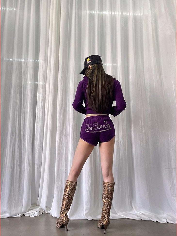 FOURFORTY Baby Hotfix Rhinestone Embellished Women's Velvet Short Hot Pants