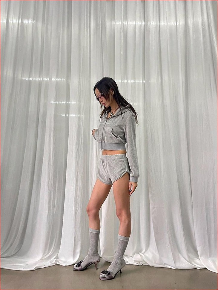 FOURFORTY Baby Hotfix Rhinestone Embellished Women's Velvet Short Hot Pants