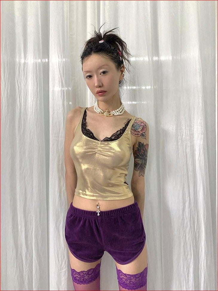 FOURFORTY Baby Hotfix Rhinestone Embellished Women's Velvet Short Hot Pants