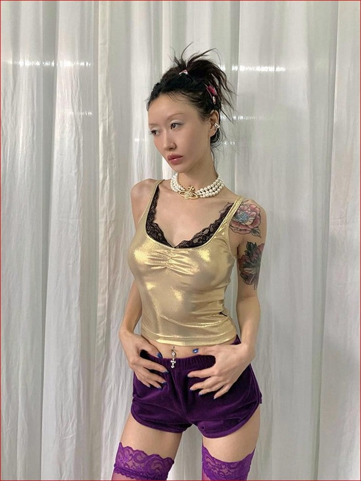 FOURFORTY Baby Hotfix Rhinestone Embellished Women's Velvet Short Hot Pants