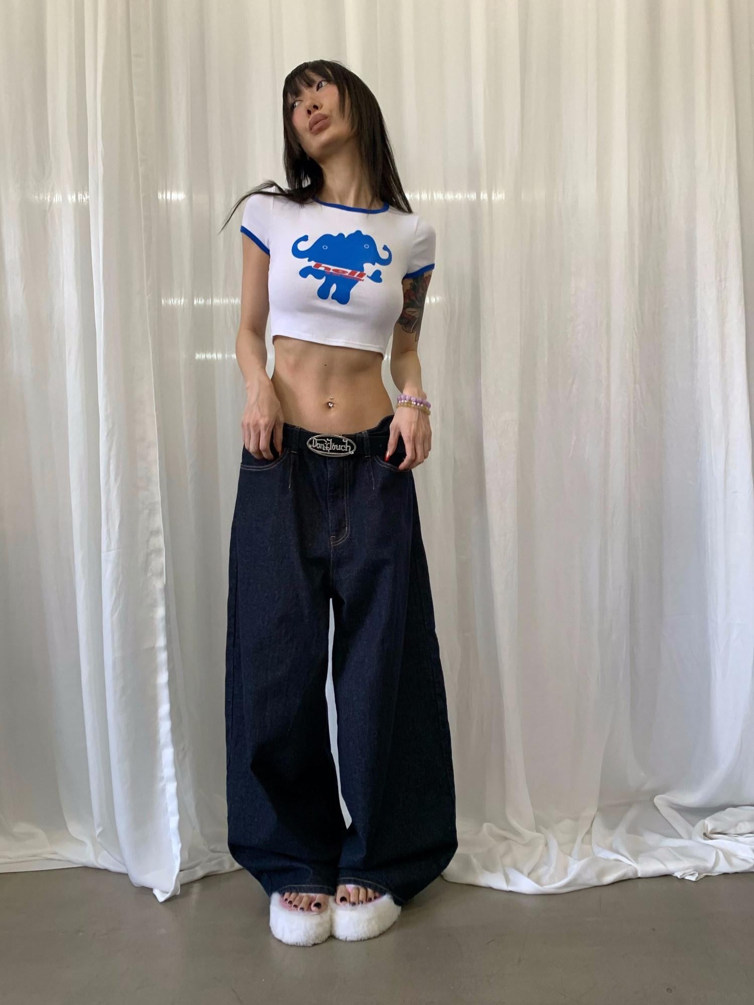 FOURFORTY Baby Tee Double Headed Elephant Print Short Sleeve Women's Crop Tops