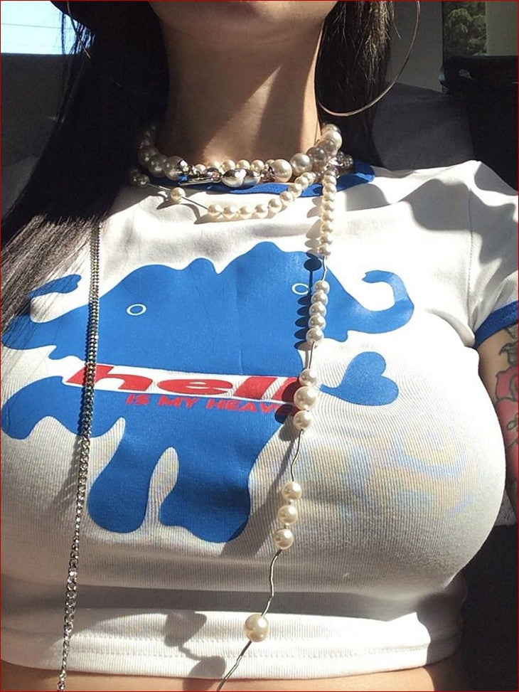 FOURFORTY Baby Tee Double Headed Elephant Print Short Sleeve Women's Crop Tops