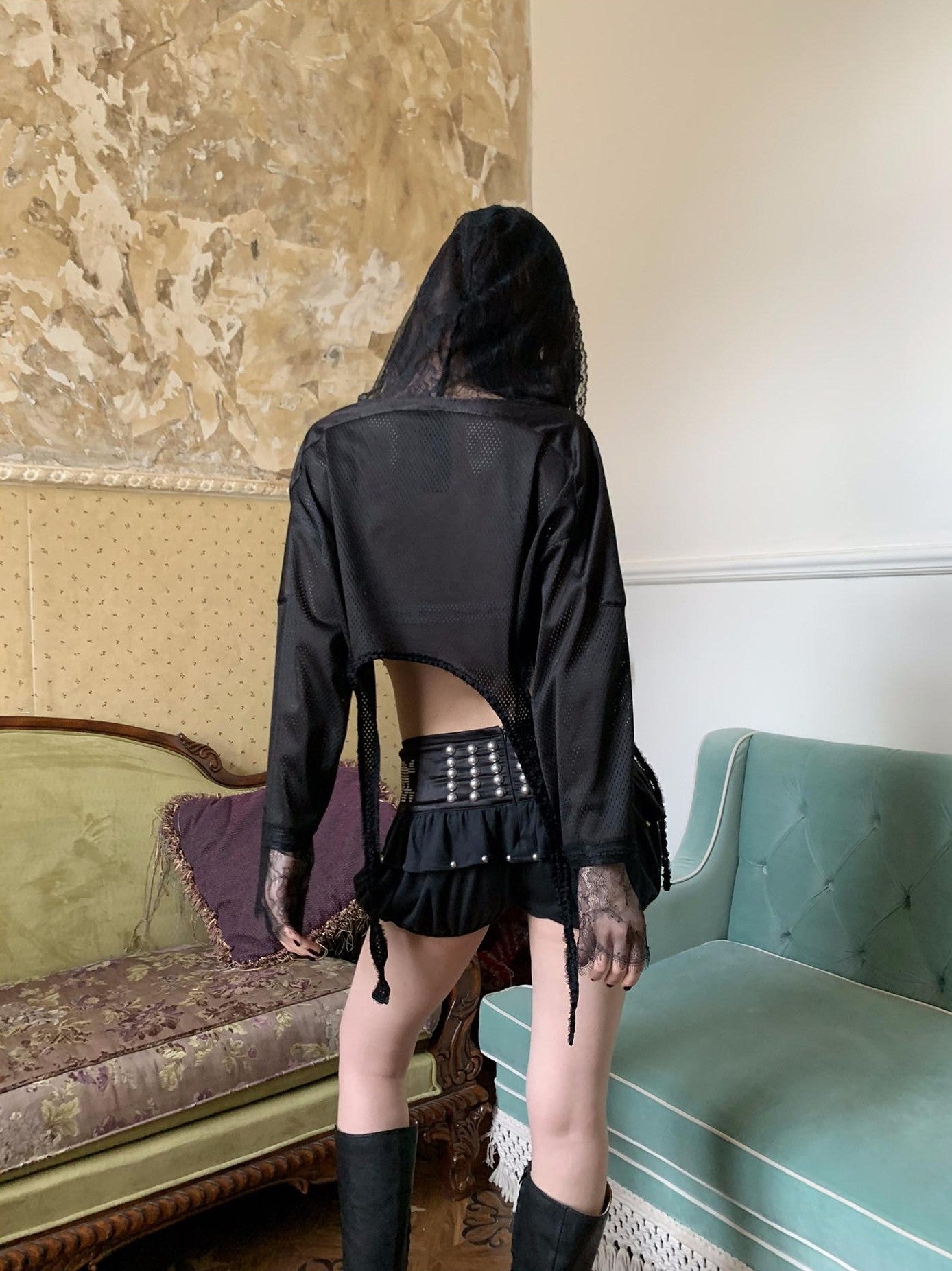 FOURFORTY Black Lace Hooded Gothic Women's Polyester Off-shoulder T-shirts