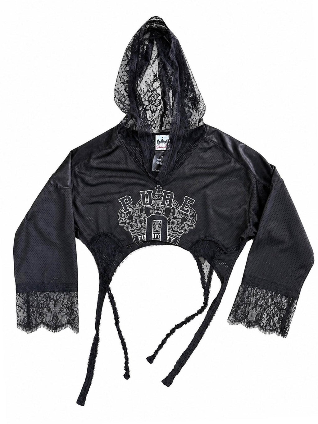 FOURFORTY Black Lace Hooded Gothic Women's Polyester Off-shoulder T-shirts