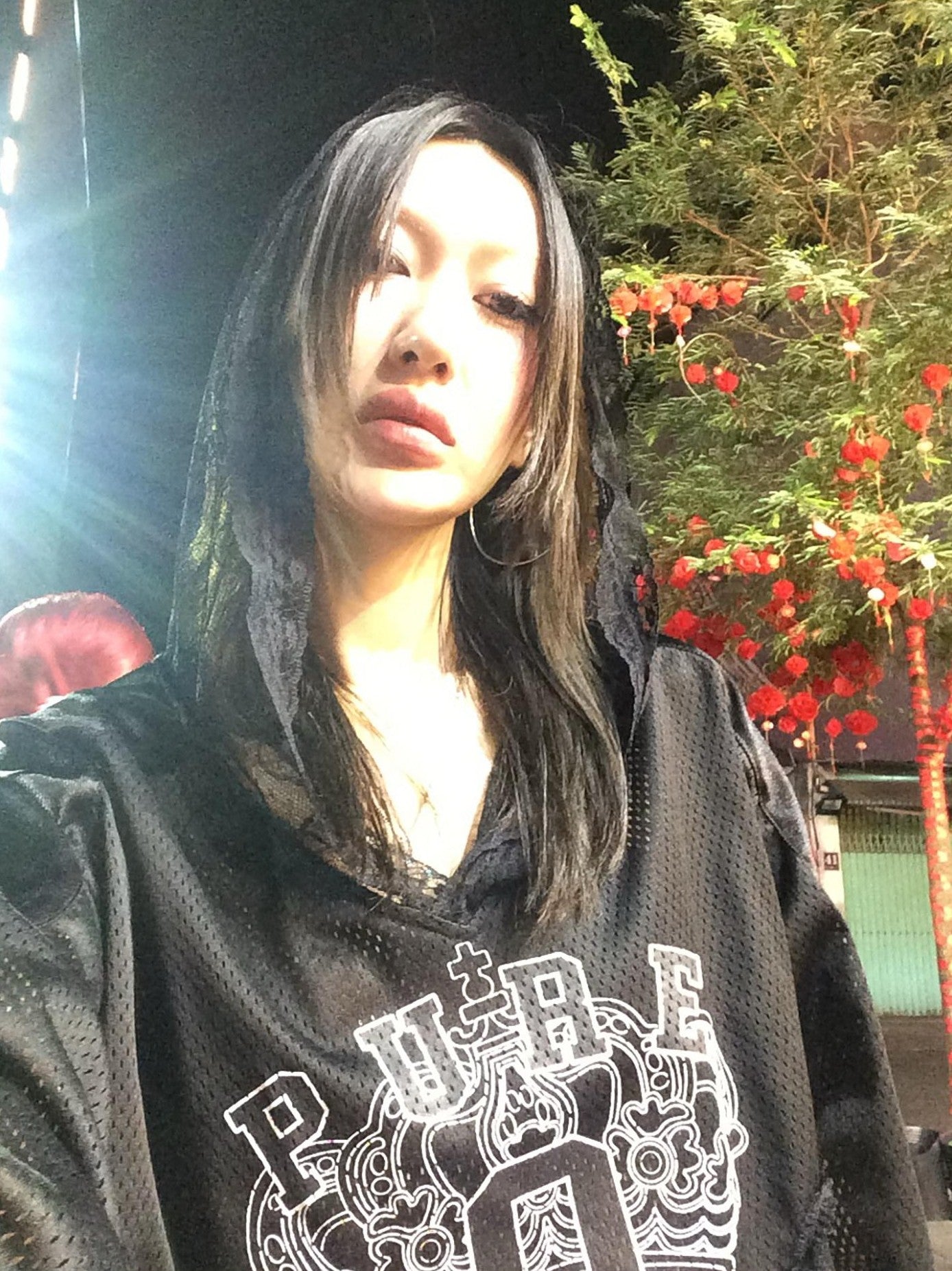 FOURFORTY Black Lace Hooded Gothic Women's Polyester Off-shoulder T-shirts